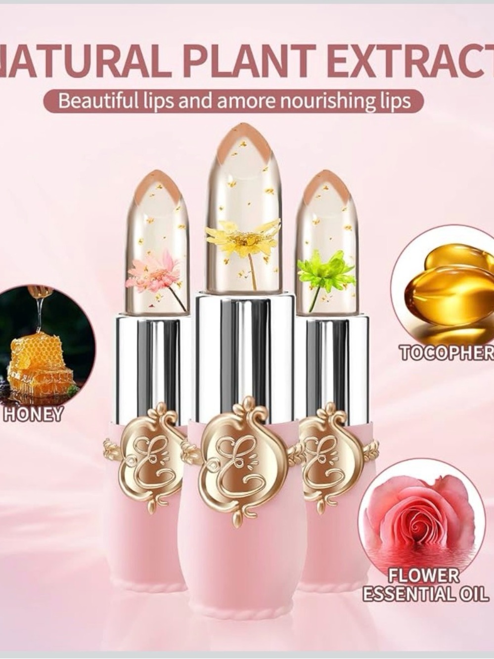 6 pack Floral Lipstick Set — Pink Case with Red, Pink, Yellow & Green Bloom